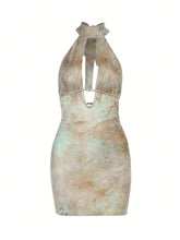 Vintage Printed Halter Neck Backless Deep V Hollow Sexy Mini Dress